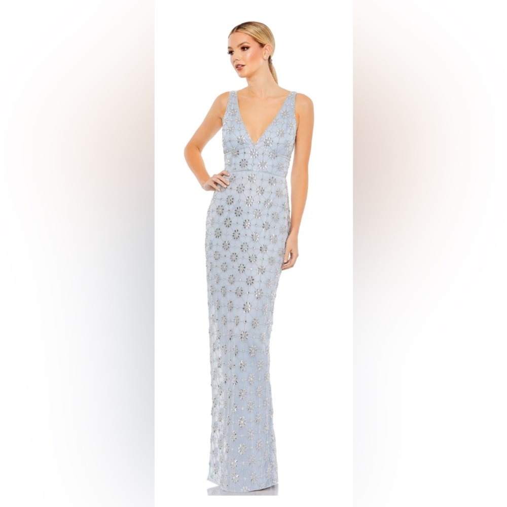MacDougal embellished mesh v neck sleeveless gown in powder blue